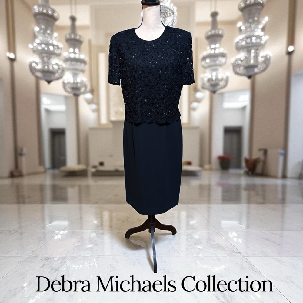 Debra Michaels Collection-size 10 black beaded lace midi dress. Beautiful! EUC!